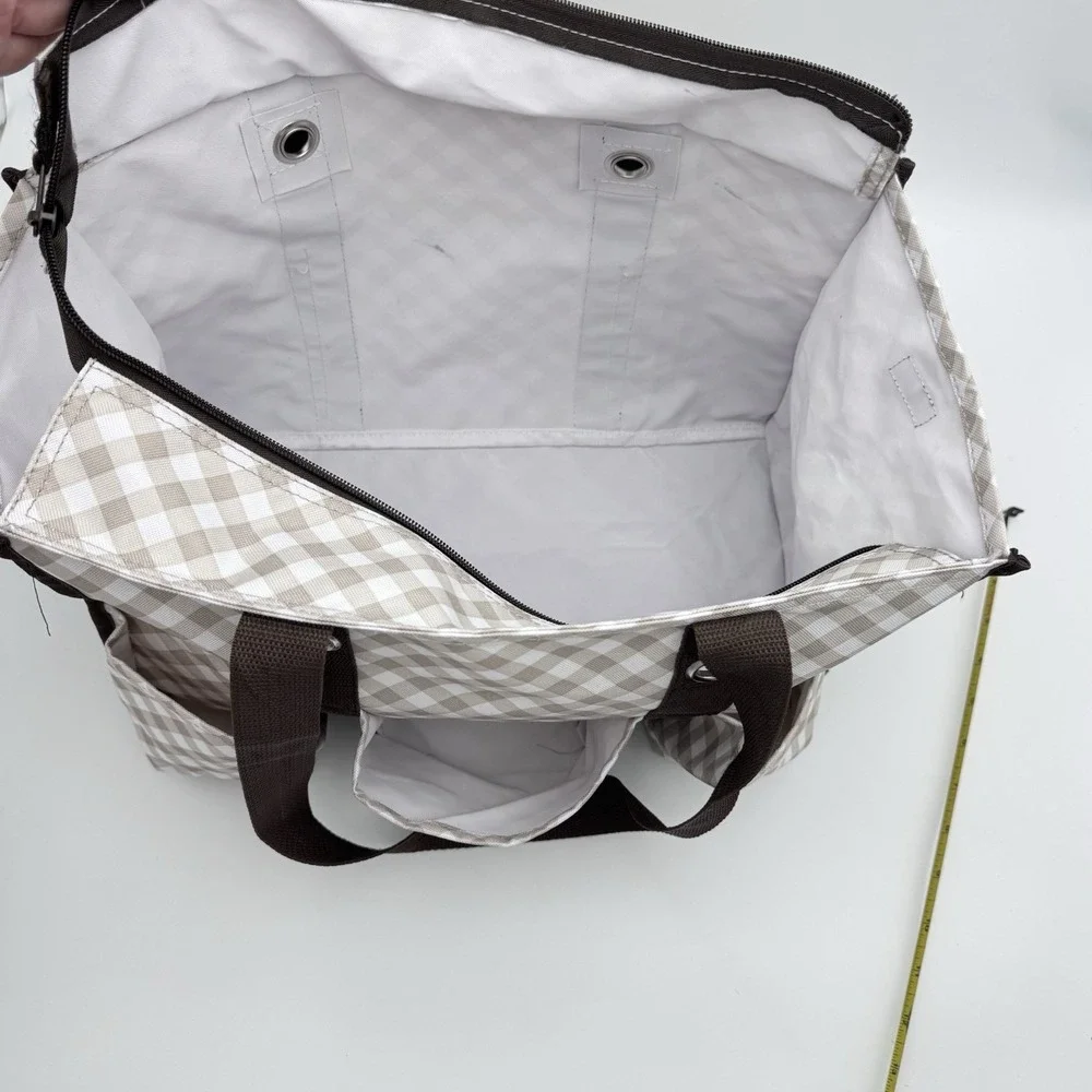 Thirty One 31 Zip Top Organizing Tote 7 Pocket Medium Taupe Brown Gingham Bag